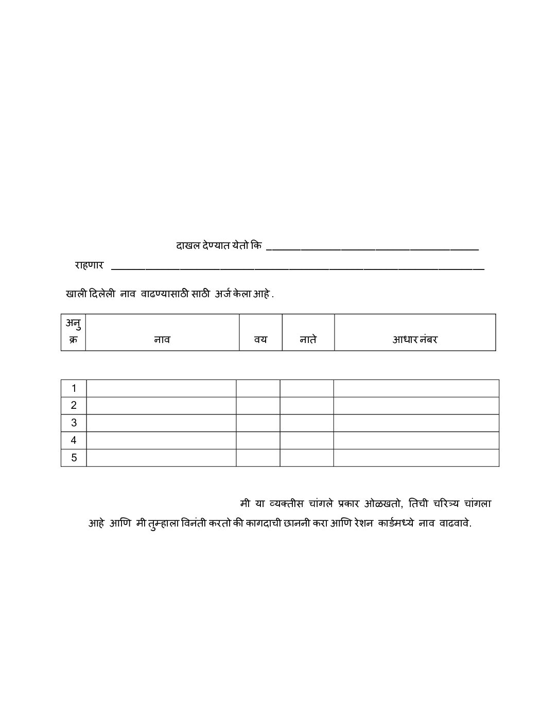 Latter Format For Name Addition In Ration Card